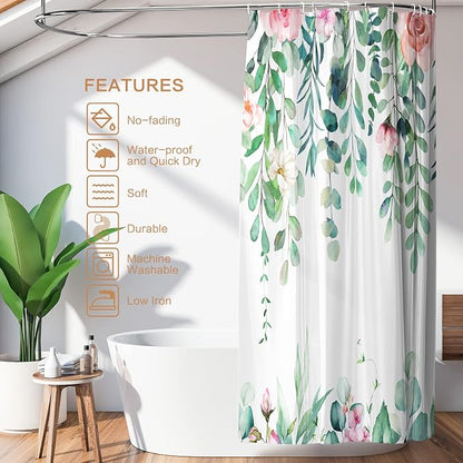 Watercolor Eucalyptus Shower Curtain, Spring Shower Curtain Green Leaves with Blooming Floral, Polyester Fabric Waterproof Shower Curtain Sets Machine Washable Decor Home Farmhouse Bath Curtain