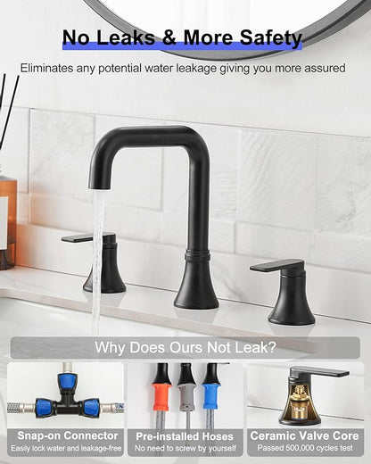 Black Bathroom Faucet Widespread 360 Degree Swivel Bathroom Faucets for Sink 3 Hole 4-10 Inch, 2 Handles Bathroom Sink Faucet with Pop-Up Drain & Water Supply Hose for Hotels, Rental Houses, RV