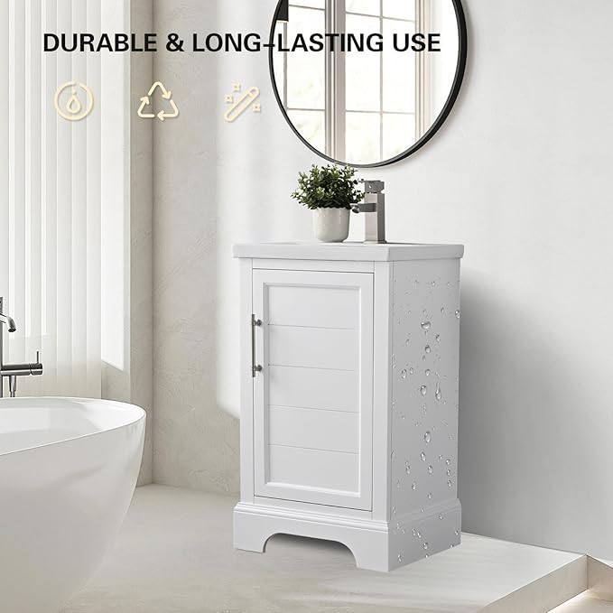 HOMEBEYOND 20 Inch Bathroom Vanity with Single Sink & Ceramic Top, Vanity Cabinet with Center Countertop Basin, Soft-Closing Doors, White