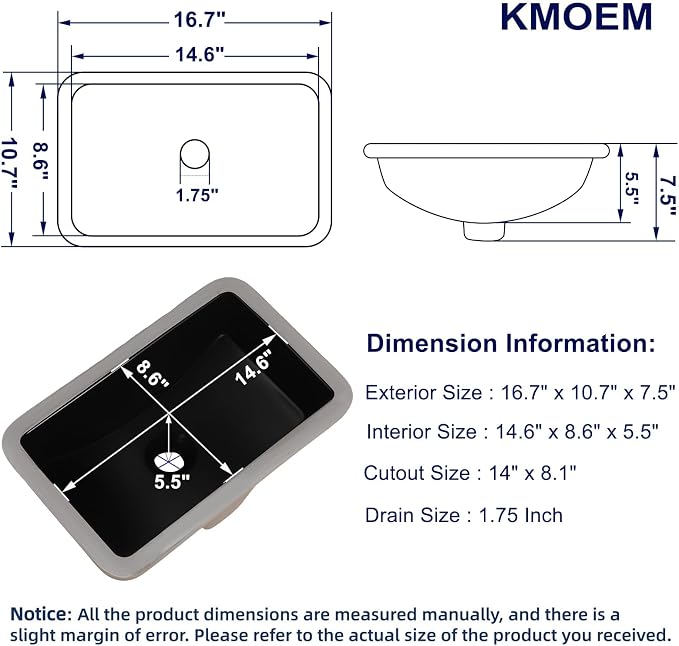 Black Undermount Bathroom Sink 16.7x10.7 Inch Small Bathroom Sink Matte Black Bathroom Under Counter Lavatory Vanity Sink Basin Rectangular Porcelain Ceramic Undermount Sinks with Overflow