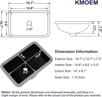 Black Undermount Bathroom Sink 16.7x10.7 Inch Small Bathroom Sink Matte Black Bathroom Under Counter Lavatory Vanity Sink Basin Rectangular Porcelain Ceramic Undermount Sinks with Overflow