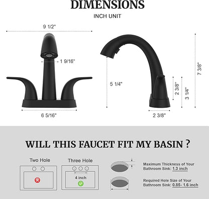 Ultimate Unicorn Matte Black Bathroom Sink Faucet - 4 Inch Centerset Pull Down Vanity Faucets 3 Hole with Pop Up Drain - Two Handle Modern Washbasin Tap Set with Pull Out Sprayer for Rv Restroom