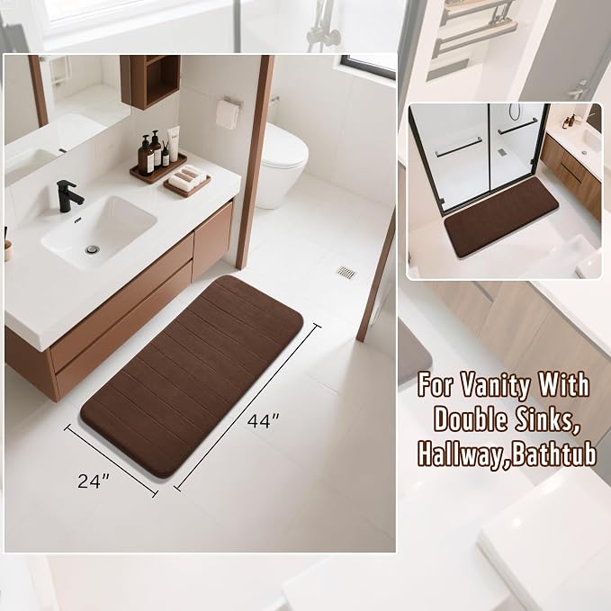 Yimobra Long Bath Mat 44"x24", Super Soft Quick Dry Memory Foam Bathroom Rug, Water Absorbent, Non Slip Backing Machine Washable for Tub Shower, Thick Comfort Support, Brown