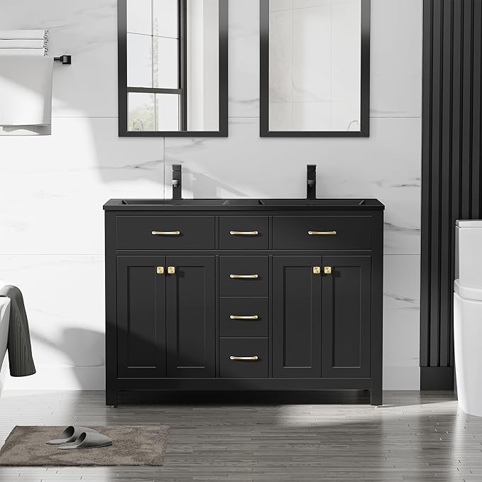 LUCKWIND 48" Bathroom Vanity with Sink Combo, Painted Modern Bathroom Storage Cabinet with Double Resin Black Sink, Four Doors and Three Drawers, Include Faucet Without Mirror, Black
