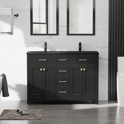 LUCKWIND 48" Bathroom Vanity with Sink Combo, Painted Modern Bathroom Storage Cabinet with Double Resin Black Sink, Four Doors and Three Drawers, Include Faucet Without Mirror, Black