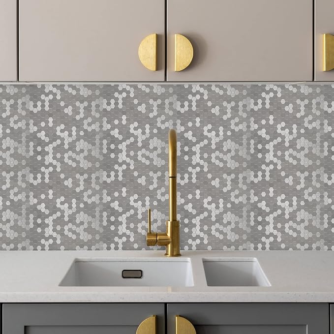 Mini Hexagon Peel and Stick Backsplash, Self Adhesive Stainless Steel Honeycomb Wall Tiles Stick on Backsplash for Kitchen Bathroom (12 Sheets)
