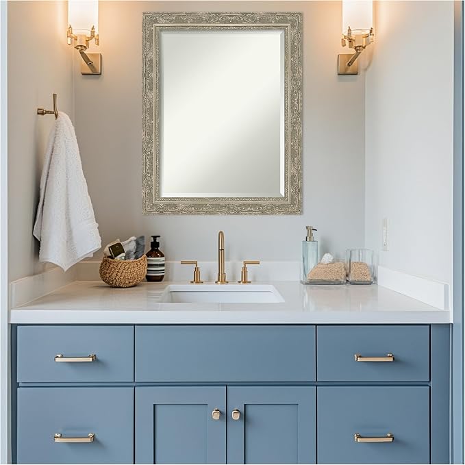 Amanti Art Silver Bathroom Mirror for Over Sink, 28x22 Filigree Silver Rectangle Vanity Mirror, Medium Traditional Frame, Hangs Horizonally and Vertically, Bathroom Wall Decor, Beveled Edge