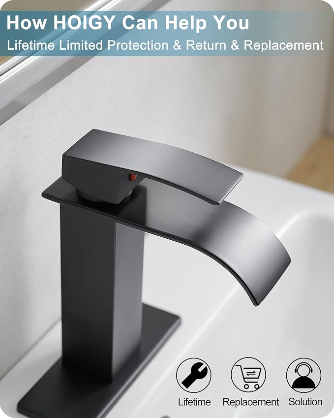 Matte Black Bathroom Faucet 1 Hole or 3 Hole (4 Inch), Brass Waterfall Faucet for Bathroom Sink, Modern Bathroom Faucets Single Handle with Deck Plate & Pop-up Drain Supply Hoses No Noise