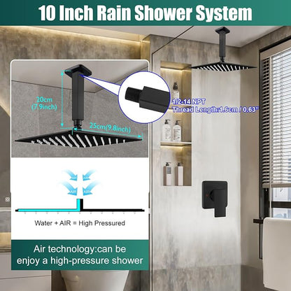Heyalan 10-Inch Ceiling Mount Shower Faucet Set with Valve, Matte Black | Rainfall shower head, ceiling-mount design, SUS304 steel, adjustable angle, single-handle control