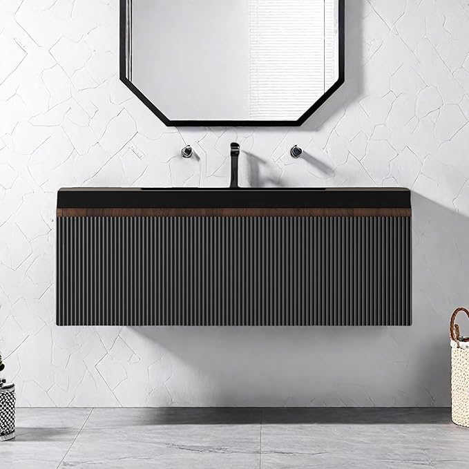 Wall Mounted Bathroom Sink Vanity, Modern 36" Floating Vanity with Resin Top Basin Sink and U-Shaped Soft-Close Storage Drawer, Striped Bathroom Storage Cabinet with Invisible Handle, Black