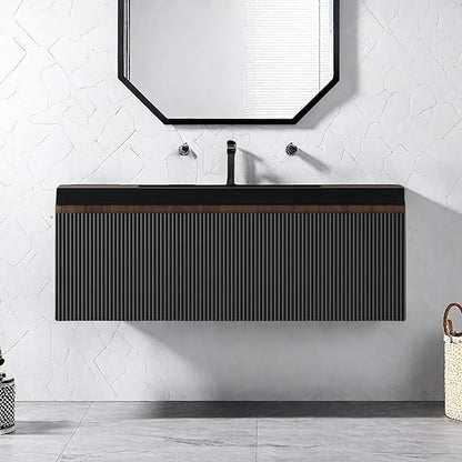 Wall Mounted Bathroom Sink Vanity, Modern 36" Floating Vanity with Resin Top Basin Sink and U-Shaped Soft-Close Storage Drawer, Striped Bathroom Storage Cabinet with Invisible Handle, Black