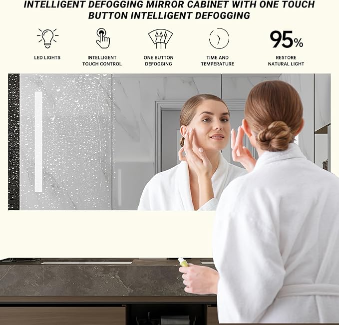 88IN Double Sink Bathroom Vanity, Floating Modern Bathroom Vanity Include Smart Defog Mirror Cabinet with LED Light, Solid Wood Vanities with Integrated Sink and Drawers Storage