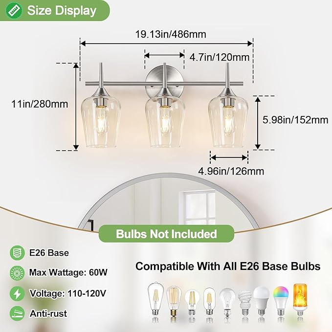 3-Light Bathroom Light Fixtures, 19.5 in Brushed Nickle Vanity Lights for Bathroom with Clear Glass, Bathroom Lighting Fixtures Over Mirror, Modern Wall lamp for Cabinet Hallway