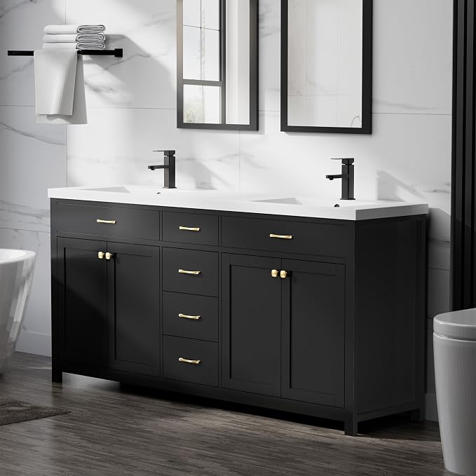 LUCKWIND 72" Modern Bathroom Vanity with Sink Combo, Contemporary Painted Storage Cabinet and Double White Sink, Include Soft-Closing Doors & Matte Black Faucet, Black