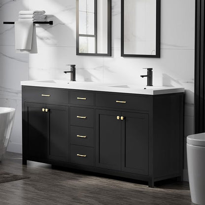 LUCKWIND 72" Modern Bathroom Vanity with Sink Combo, Contemporary Painted Storage Cabinet and Double White Sink, Include Soft-Closing Doors & Matte Black Faucet, Black