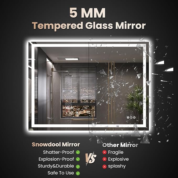 Snowdool 48 x 32 in LED Bathroom Mirror, Front and Backlit, Anti-Fog | Front and Backlit, 3 Color Temperatures, Anti-Fog, Tempered Glass