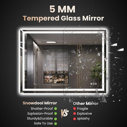 Snowdool 48 x 32 in LED Bathroom Mirror, Front and Backlit, Anti-Fog | Front and Backlit, 3 Color Temperatures, Anti-Fog, Tempered Glass