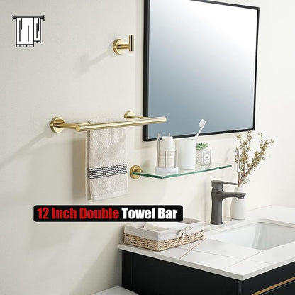 JQK Double Towel Bar Gold, 15 Inch 304 Stainless Steel Thicken 0.8mm Towel Rack Holder for Bathroom Washcloths and Hand Towels, Brushed Gold Wall Mount, Useable Length 12 Inch, TB100L12-BG