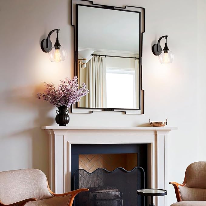 Black Wall Sconces Set of Two, Modern Vanity Light | 5.9 Inch Clear Glass Shade, Farmhouse Bathroom Light Fixtures Wall Lights for Living Room, Hallway, Kitchen, Bathroom, Mirror