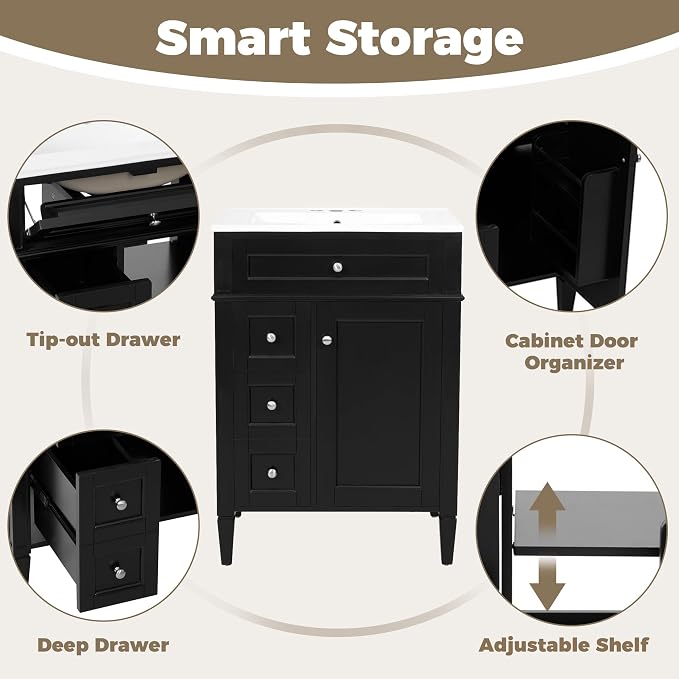 Merax 24 Inch Bathroom Vanity with Ceramic Sink, Solid Wood Frame Modern Bathroom Sink Storage Cabinet with 2 Drawers and a Tip-Out Drawer, Single Sink Bathroom Vanities, Black
