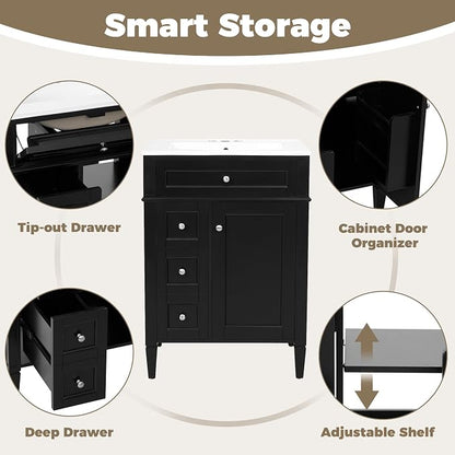 Merax 24 Inch Bathroom Vanity with Ceramic Sink, Solid Wood Frame Modern Bathroom Sink Storage Cabinet with 2 Drawers and a Tip-Out Drawer, Single Sink Bathroom Vanities, Black