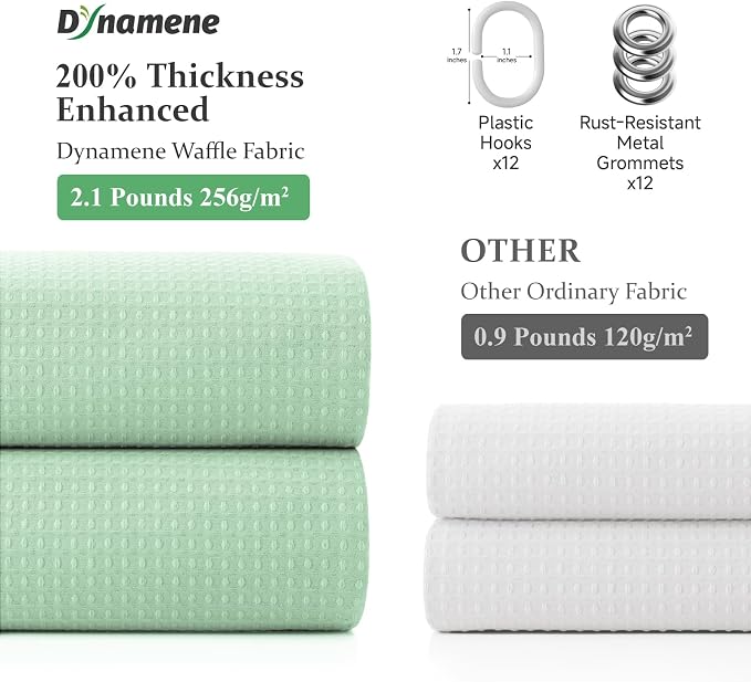 Long Waffle Shower Curtain 256 GSM Heavy Fabric 72x78 Mint Green | 78 Inch Long, Thick Cloth, Weighted Hem, Water Repellent, Tall Hotel Luxury Polyester Shower Curtains for Bathroom 12 Hooks
