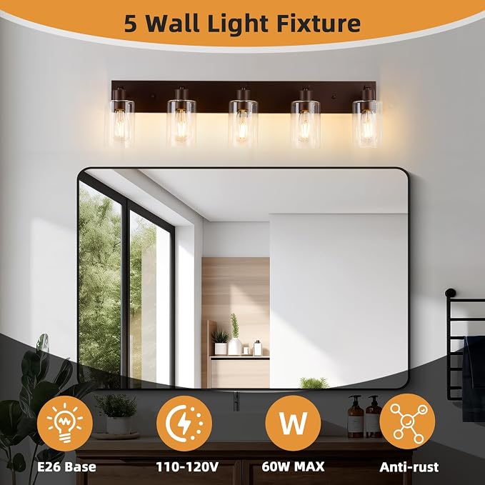 5 Lights Bathroom Light Fixtures Oil Rubbed Bronze Vanity Light with Clear Glass Shade 36in Modern Bathroom Lighting Fixtures Over Mirror for Bedroom/Living Room