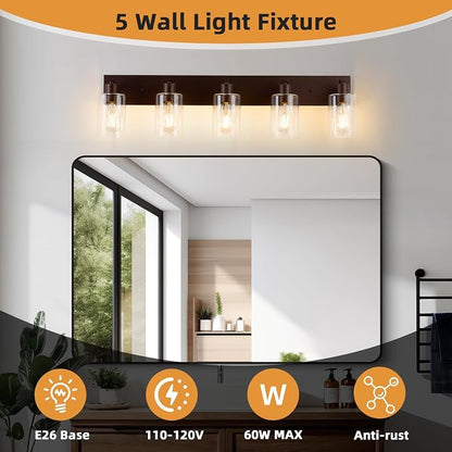 5 Lights Bathroom Light Fixtures Oil Rubbed Bronze Vanity Light with Clear Glass Shade 36in Modern Bathroom Lighting Fixtures Over Mirror for Bedroom/Living Room