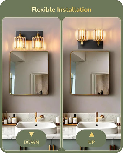 EDISHINE 2-Light Black Gold Bathroom Vanity Light, Crystal Wall Sconce, E26 | Up/Down Reversible, Modern Style, Black Gold Frame, Ideal for Bath, Powder Room