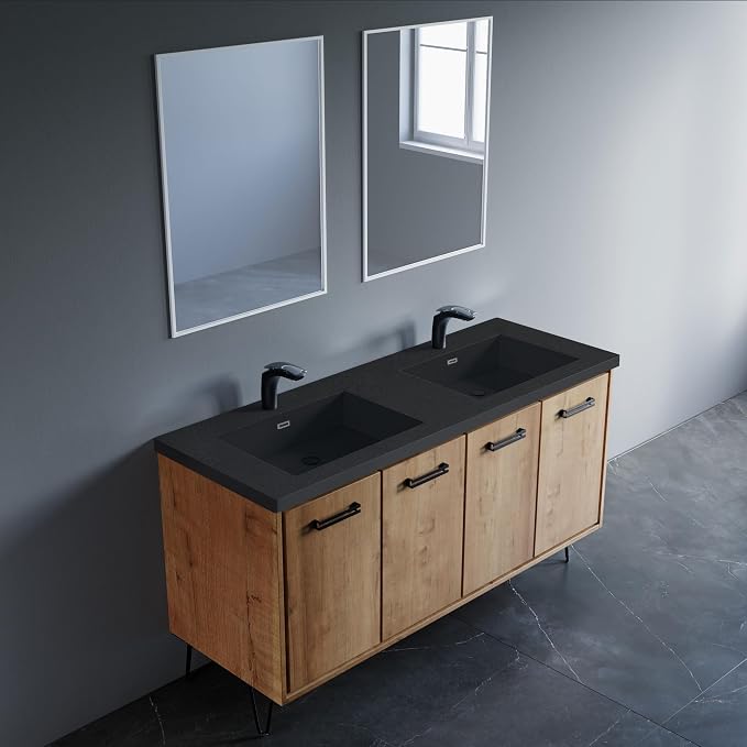 Dowell 61" Bathroom Sink,Double Bowl Vanity Basin,Rectangular Drop-In Bathroom Sink with Overflow,Black-000 6122BPBL