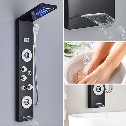 AlenArt Shower Panel Tower System Rainfall Waterfall Shower Head with Body Jets Stainless Steel Rain Massage System 5-Function High Pressure Shower Panel Tower System,HFT8029