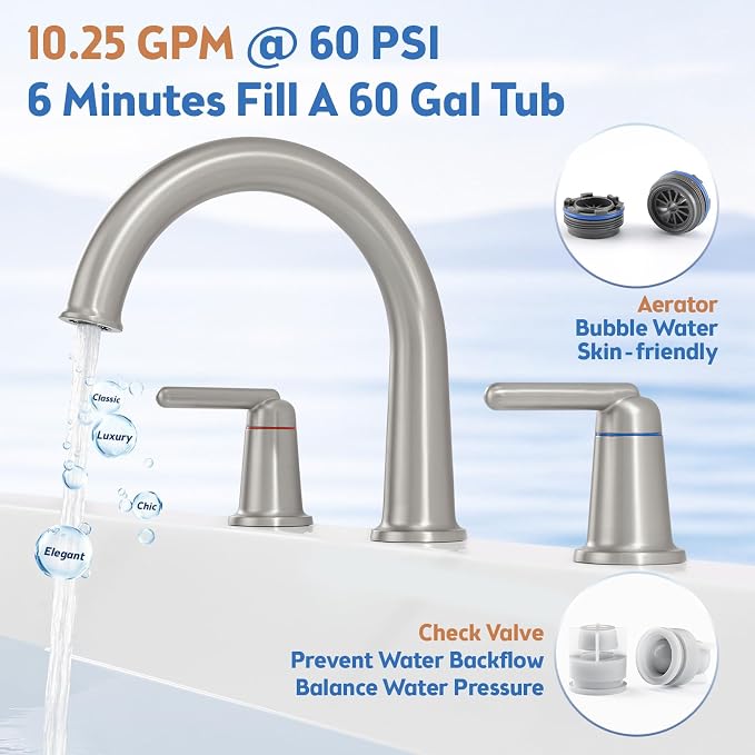 Roman Tub Faucet 3 Hole Deck Mount Tub Filler High Flow Nickel | With Ceramic Valve, Solid Brass, High Arch Bathtub Faucet, 2-Handle Design, Widespread Mount, Garden Bath Tub Faucet