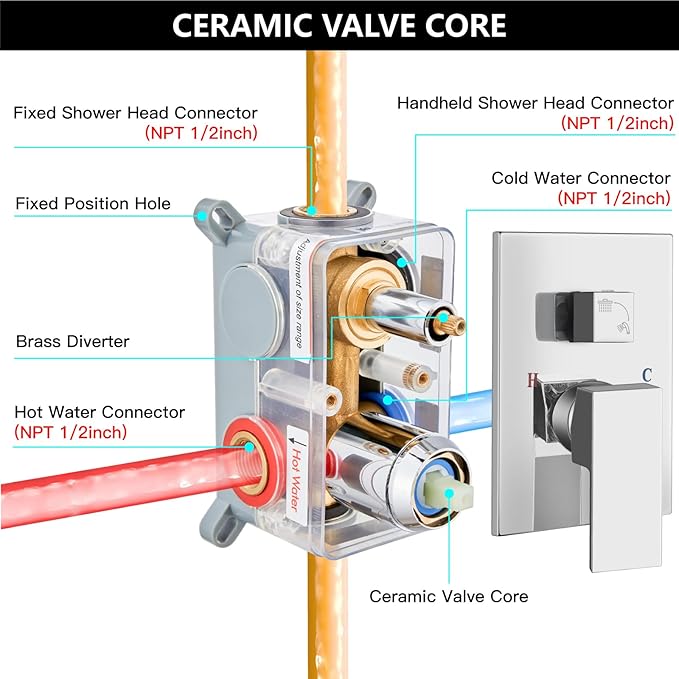 Midanya Shower Faucet Set,Wall Mount Shower System with Square Rain Shower Head and Hand Sprayer, Rough-in Valve Body and Trim Kit Included,16 Inch,Polish Chrome
