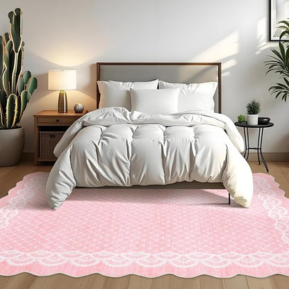 GarveeHome Washable 9x12 Area Rug Scalloped Pink Rug Modern Living Room Rugs Large Washable Girls Bedroom Rugs Abstract Bordered Carpet for Playroom Apartment Table Dorm Nursery, Pink