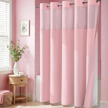 Pink Hook Free Waffle Shower Curtain & Snap-in Fabric Liner,72x75 | Less Time to install, 3 in 1 Fabric Shower Curtain and Liner Set with Magnets, Mesh Top Window, Shower Curtains for Bathroom