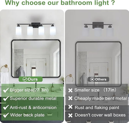 4-Light Bathroom Vanity Lights, Modern Vanity Lighting with Milky White Shades, Anti-Rust Black Bathroom Light Fixtures Over Mirror, Bathroom Wall Lamp for Mirror Bathroom Living Room Cabinet