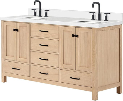 ARIEL Cambridge 66-inch Bathroom Vanity with Sink,Solid Wood, 1.5-inch Pure White Quartz Countertop, Double Rectangular Porcelain Sink, 4 Soft Closing Doors, 6 Dovetail Drawers, White Oak
