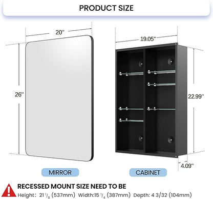 Black Medicine Cabinet with Mirror for Bathroom: 20 x 26 Inch Small Mirrored Vanity Storage with Adjustable Shelves - Surface or Recessed Wall Mount - Matte Black Frame