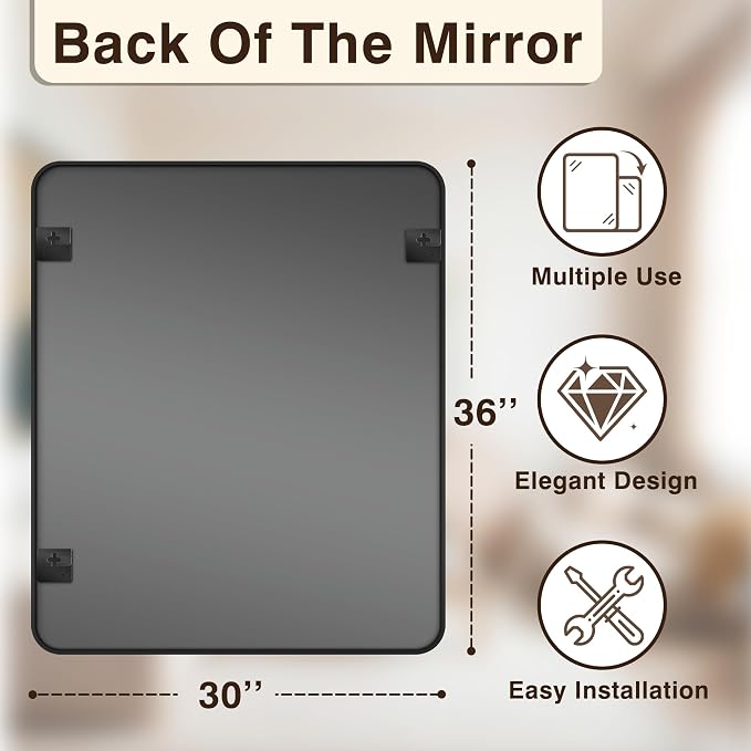 Vanity Bathroom Mirror, 36”x30” Black Bathroom Mirror for Over Sink | HD Tempered Glass, Anti-Rust Frame, Vertical or Horizontal, Wall Mirrors for Bathroom Sink, Living Room, Entryway, Bedroom