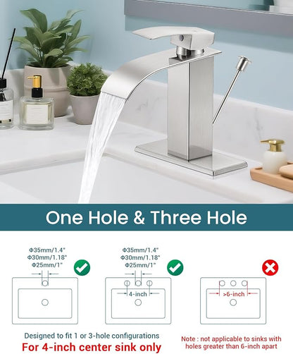 Brushed Nickel Waterfall Bathroom Faucet Single Handle with Lift Rod Drain | Bathroom Sink Faucet,Stainless Steel,supply hoses Deck included,1 or 3 Hole,Fits home,RV,farmhouse bathrooms