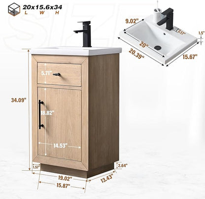 Vanity Art 20 inch Small Bathroom Vanity with Sink, Vanity Cabinet with Doors and Removable Shelf, Modern Wood Cabinet with Marble Top, Solid Wood Frame, Ceramic Sink,VA70-20-LW-E