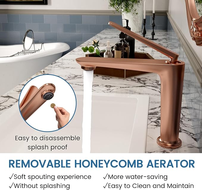 Bathroom Faucet Rose Gold, One Hole Single Handle Vessel Sink Faucet, Brass Bathroom Faucet for Vanity Sink Restroom Guestroom RVs