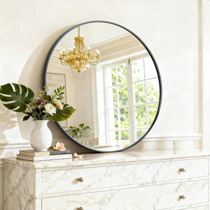 Round Wall Mirror 24 Inch Black Vanity Mirror with Metal Frame | Modern Circle Wall Mounted Decorative Mirrors for Bathroom, Entryway, Bedroom, Living Room