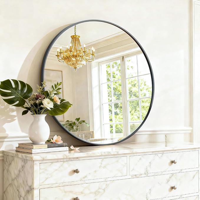 Round Wall Mirror 20 Inch Black Vanity Mirror with Metal Frame | Modern Circle Wall Mounted Decorative Mirrors for Bathroom, Entryway, Bedroom, Living Room