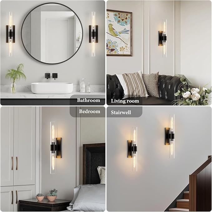 Black Brass Bathroom Wall Sconce: Set of 2 Modern Linear Matte Sconces | Clear Glass Tube Vanity Lights, Vertical or Horizontal Mounted Dimmable Lighting Fixtures for Indoor Living Room Hallway