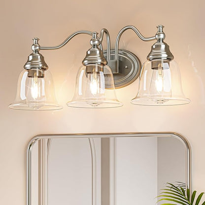 Tribesigns 3-Light Bathroom Light Fixtures, Modern Vanity Light with Clear Glass Shade, Bathroom Wall Lamp for Mirror Living Room Kitchen Hallway Porch, E26 Base, Bulbs Not Included (Silver)