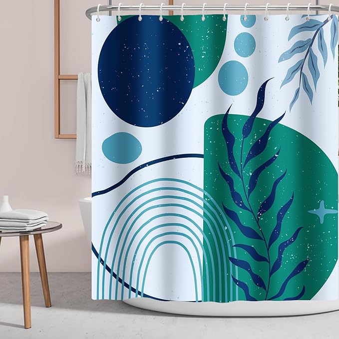 Teal Blue Boho Shower Curtain Abstract Minimalist Aesthetic Modern Geometric Leaf Plant Fabric Shower Curtains Bathroom Accessories