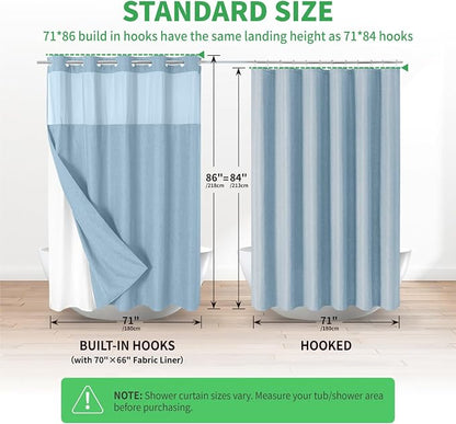 eachope No Hook Fabric Shower Curtain with Snap-in Liner,71x86 Fog Blue | Extra Long,Linen Texture,230GSM Thick Fabric,Mesh Window,Bottom Magnetic,Waterproof & Machine Washable,for Bathroom,Hotel Use