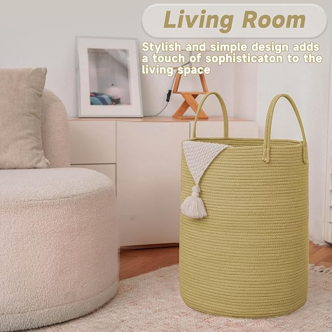 JMvicyroam 80L Cotton Rope Laundry Basket Hamper, Jute | Collapsible laundry basket, reinforced handles, freestanding, machine washable, holds 3-5 thick blankets, clothes or toys