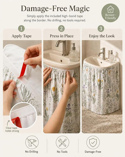 2 Pack Sink Skirt for Bathroom, Self Adhesive Curtains | with High Adhesion Tape, Pastoral 55 x 32 Inch Polyester Under Sink Curtain for Cabinet, Dishwasher, Oven, Window Decor